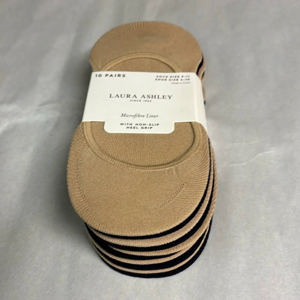 New Laura Ashley Socks Women’s 10 Pair Tan & Black Casual Microfiber Liner Socks - Picture 2 of 14